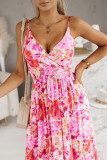 Vacation Floral Print Contrast V Neck Sling Dresses