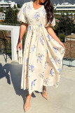 Elegant Floral Print Lace Up V Neck A Line Short Sleeve Dress