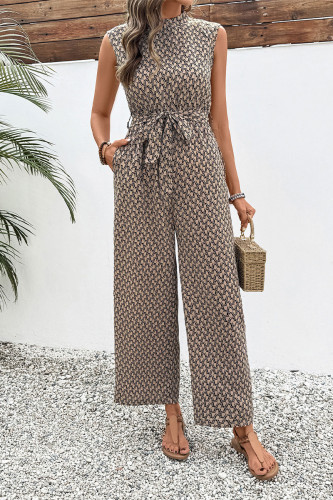 Casual Geometric Print Pocket Lace Up O Neck Loose Jumpsuits