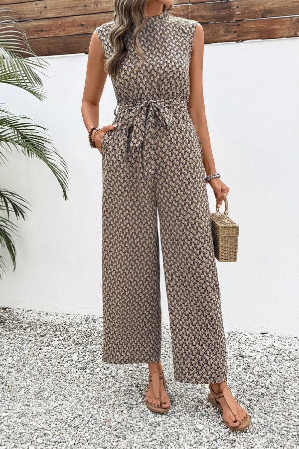 Casual Geometric Print Pocket Lace Up O Neck Loose Jumpsuits