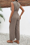 Casual Geometric Print Pocket Lace Up O Neck Loose Jumpsuits