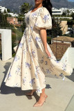 Elegant Floral Print Lace Up V Neck A Line Short Sleeve Dress