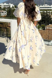 Elegant Floral Print Lace Up V Neck A Line Short Sleeve Dress