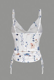 Sexy Floral Print Draw String U Neck Tops