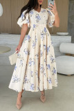 Elegant Floral Print Lace Up V Neck A Line Short Sleeve Dress