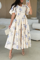 Elegant Floral Print Lace Up V Neck A Line Short Sleeve Dress