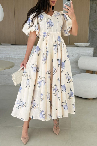 Elegant Floral Print Lace Up V Neck A Line Short Sleeve Dress