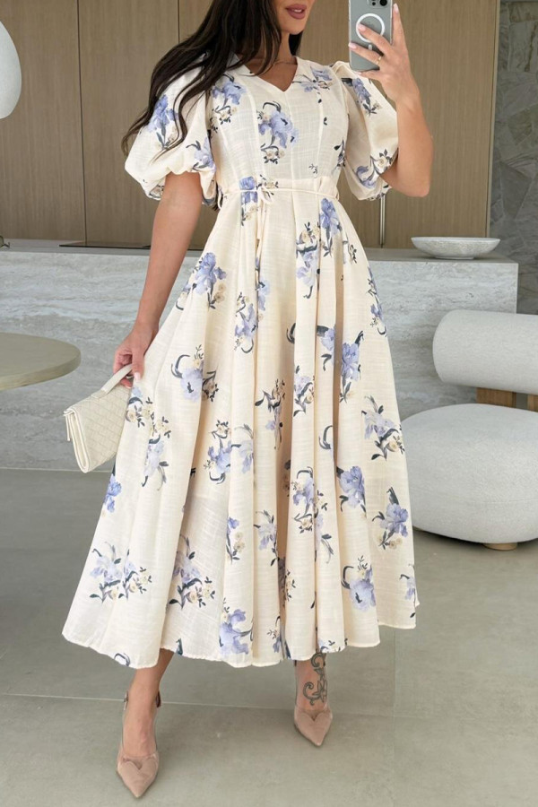 Elegant Floral Print Lace Up V Neck A Line Short Sleeve Dress