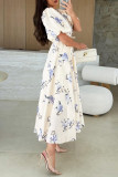 Elegant Floral Print Lace Up V Neck A Line Short Sleeve Dress