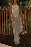 Sexy Solid Color Sequins Mesh O Neck Sleeveless Two Pieces