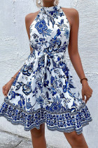 Elegant Floral Print Lace Up Flounce Half A Turtleneck A Line Dresses