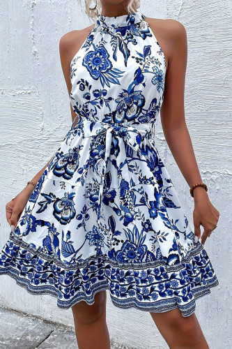 Elegant Floral Print Lace Up Flounce Half A Turtleneck A Line Dresses