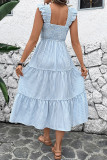Casual Stripe Patchwork Flounce Contrast Square Neck A Line Dresses