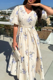 Elegant Floral Print Lace Up V Neck A Line Short Sleeve Dress