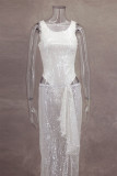 Sexy Solid Color Sequins Mesh O Neck Sleeveless Two Pieces