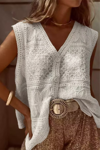 Casual Flowers Buttons Weave V Neck Tops