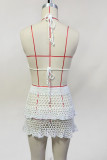 Sexy Vacation Solid Color Backless Weave Flower Shape Halter Sleeveless Two Pieces