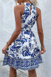 Elegant Floral Print Lace Up Flounce Half A Turtleneck A Line Dresses