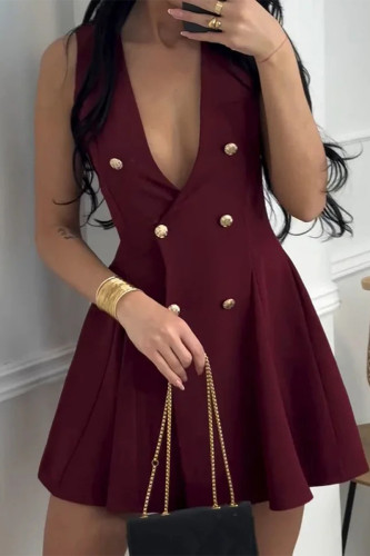 Sexy Solid Color Buttons Sleeveless Dresses