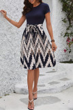 Casual Geometric Print Lace Up O Neck A Line Short Sleeve Dress