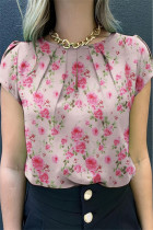 Casual Floral Print Hollow Out Ruched O Neck T-Shirts