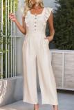 Casual Solid Color Buttons Flounce Square Neck Loose Jumpsuits