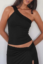 Sexy Solid Color Lace Sloping Shoulder Tops
