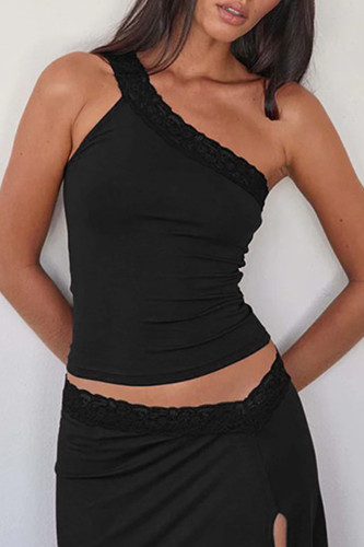 Sexy Solid Color Lace Sloping Shoulder Tops