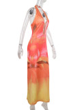 Sexy Gradient Print Backless Contrast Halter One Step Skirt Dresses