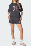 Casual Flowers Bow printing Contrast O Neck Short Sleeve Two Pieces