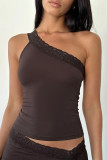 Sexy Solid Color Lace Sloping Shoulder Tops