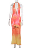 Sexy Gradient Print Backless Contrast Halter One Step Skirt Dresses