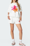 Casual Flowers Bow printing Contrast O Neck Short Sleeve Two Pieces