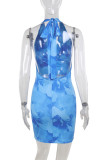 Sexy Gradient Print Backless Contrast Halter Wrapped Skirt Dresses