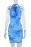 Sexy Gradient Print Backless Contrast Halter Wrapped Skirt Dresses