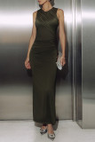 Elegant Solid Color Ruched O Neck Long Dresses