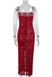 Sexy Solid Color Lace Hollow Out Square Neck Lace Dress Dresses