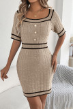 Elegant Solid Color Buttons Square Neck Wrapped Skirt Dresses