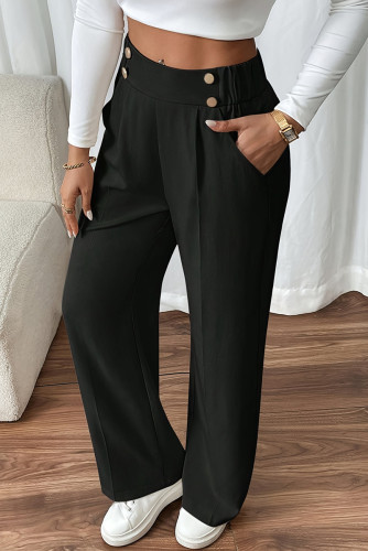 Casual Solid Color Pocket Buttons Loose High Waist Straight Solid Color Bottoms
