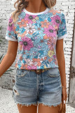 Casual Floral Print Contrast O Neck T-Shirts
