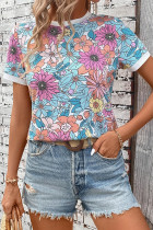 Casual Floral Print Contrast O Neck T-Shirts