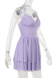 Sexy Solid Color Lace Up Backless Pleated Cake Skirt Dresses