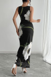 Elegant Floral Print Patchwork Mesh Contrast O Neck One Step Skirt Dresses