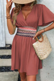 Boho Solid Color Patchwork V Neck Waist Skirt Dresses