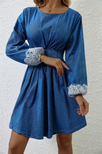 Casual Solid Color Lace O Neck Long Sleeve Denim Dresses