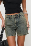 Casual Solid Color Distressed Pocket High Waist Loose Denim Shorts