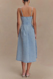 Sexy Solid Color Distressed Patchwork Sleeveless Denim Dresses
