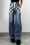 Street Plaid Draw String Pocket Contrast High Waist Loose Denim Jeans