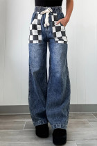 Street Plaid Draw String Pocket Contrast High Waist Loose Denim Jeans