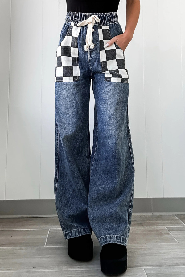 Street Plaid Draw String Pocket Contrast High Waist Loose Denim Jeans
